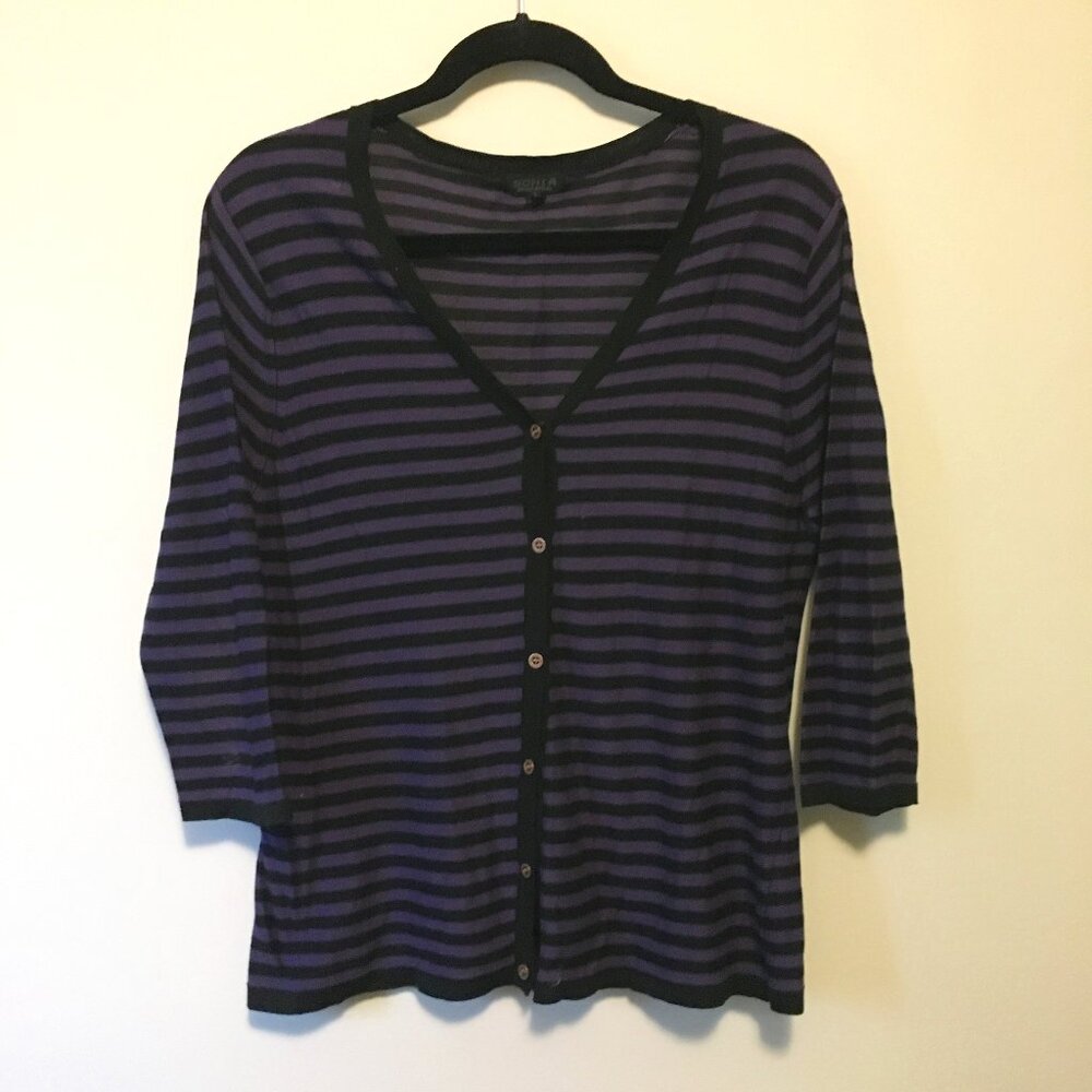 90s Sonia Rykiel Silk Purple & Black Striped Button Down Cardigan Designer